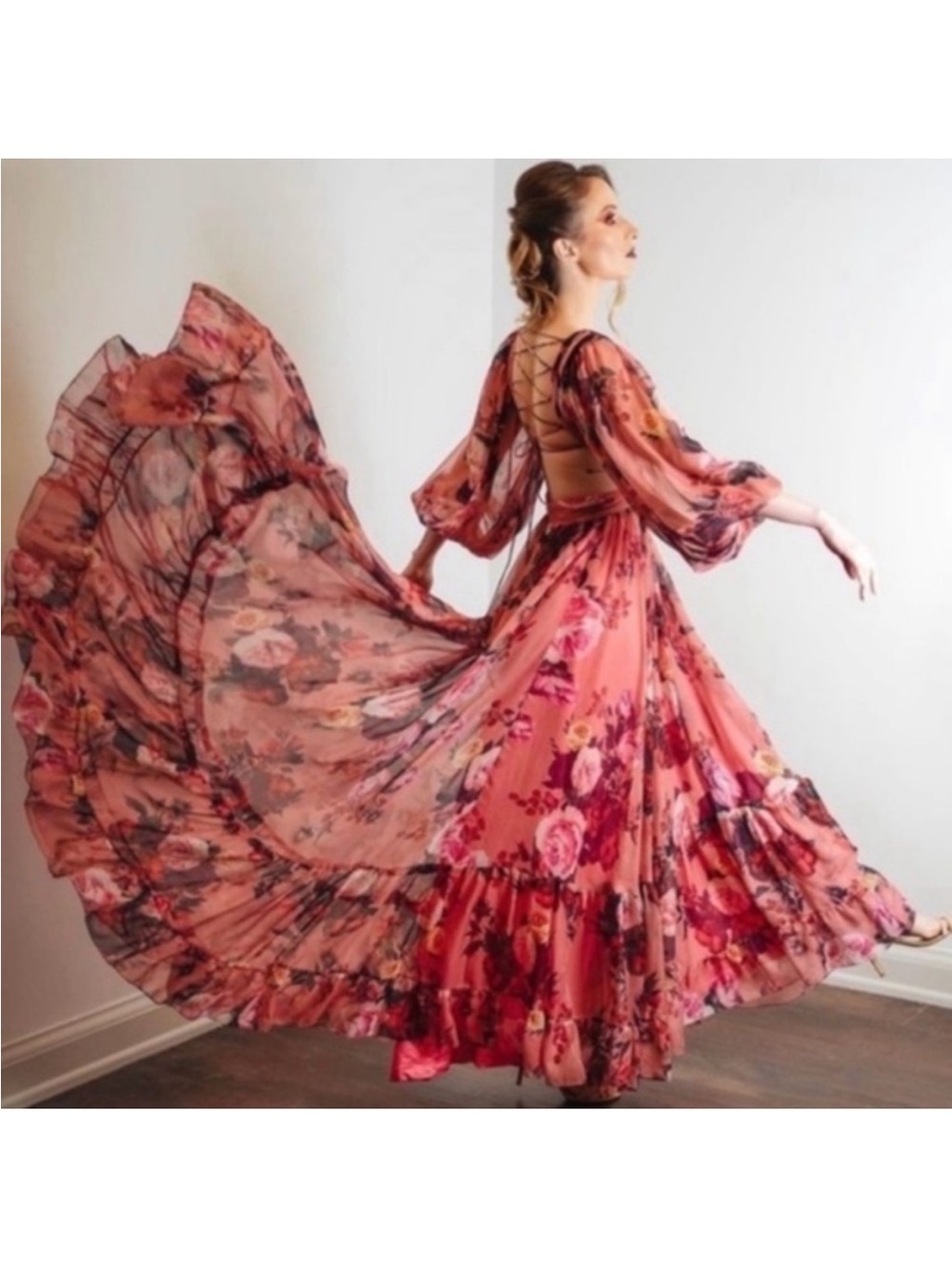 NWT Mac Duggal Floral Chiffon Corset Back 67946 Puff Sleeve Dress 2